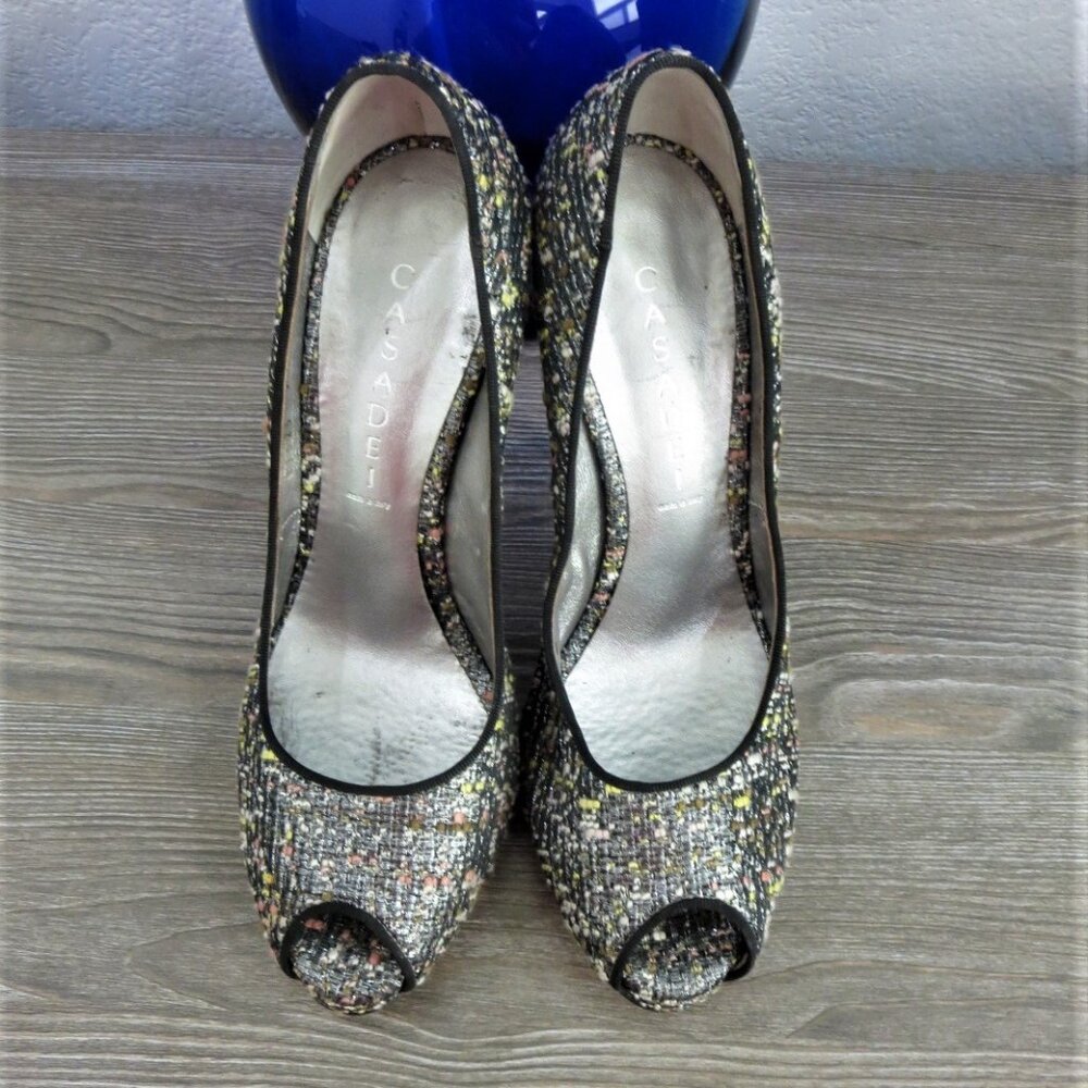 Near New Casadei Stiletto High Heels Peep Toe  9 Black Silver - Picture 2 of 16